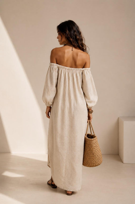 Beige Off Shoulder Linen Maxi Dress, Boho Resort Summer Gown, Loose Style