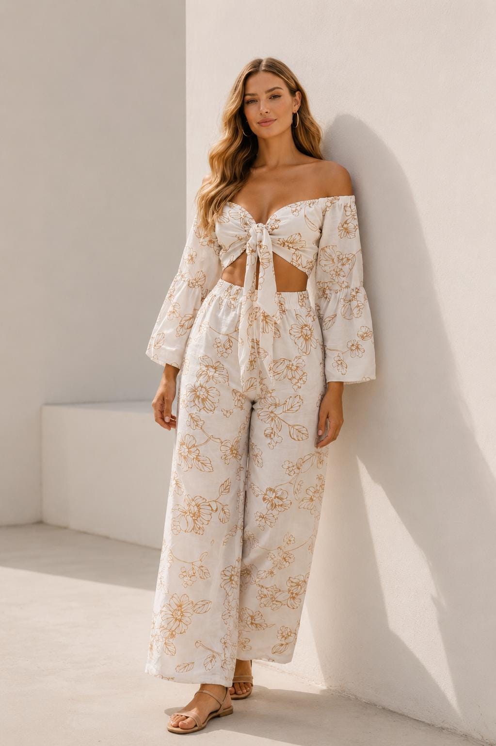 Floral Linen Two Piece Set, Off-Shoulder Crop Top, Wide Leg Pants, Resort Wear