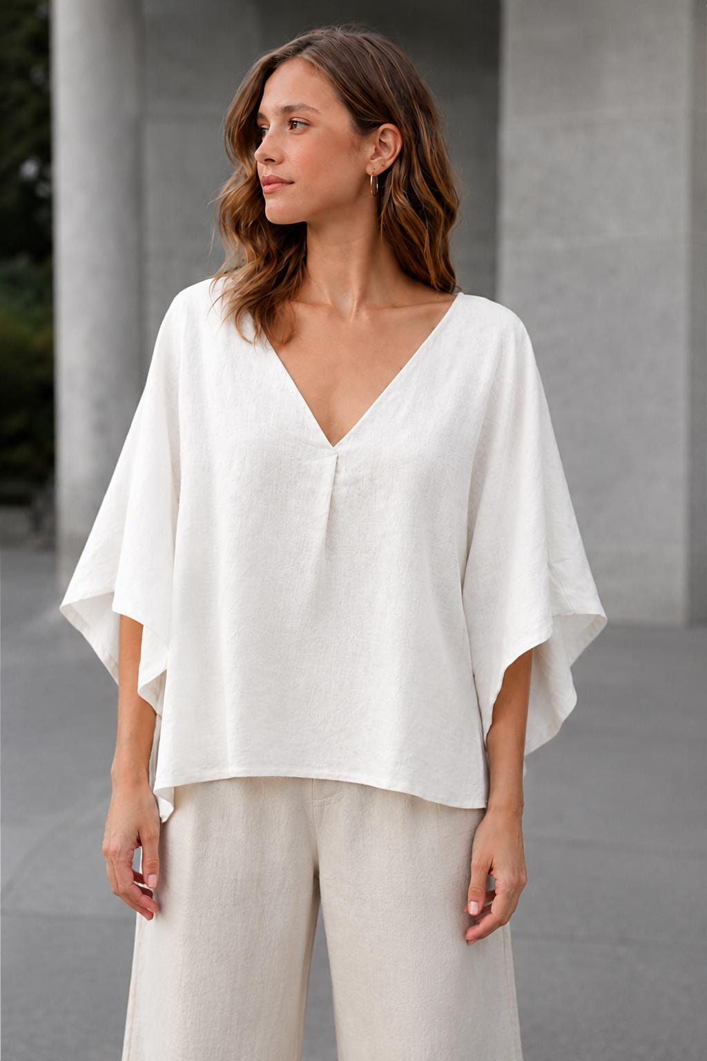 100% Linen Top, Oversized V-Neck Blouse, Kimono Sleeve Tunic, Boho Resort Wear