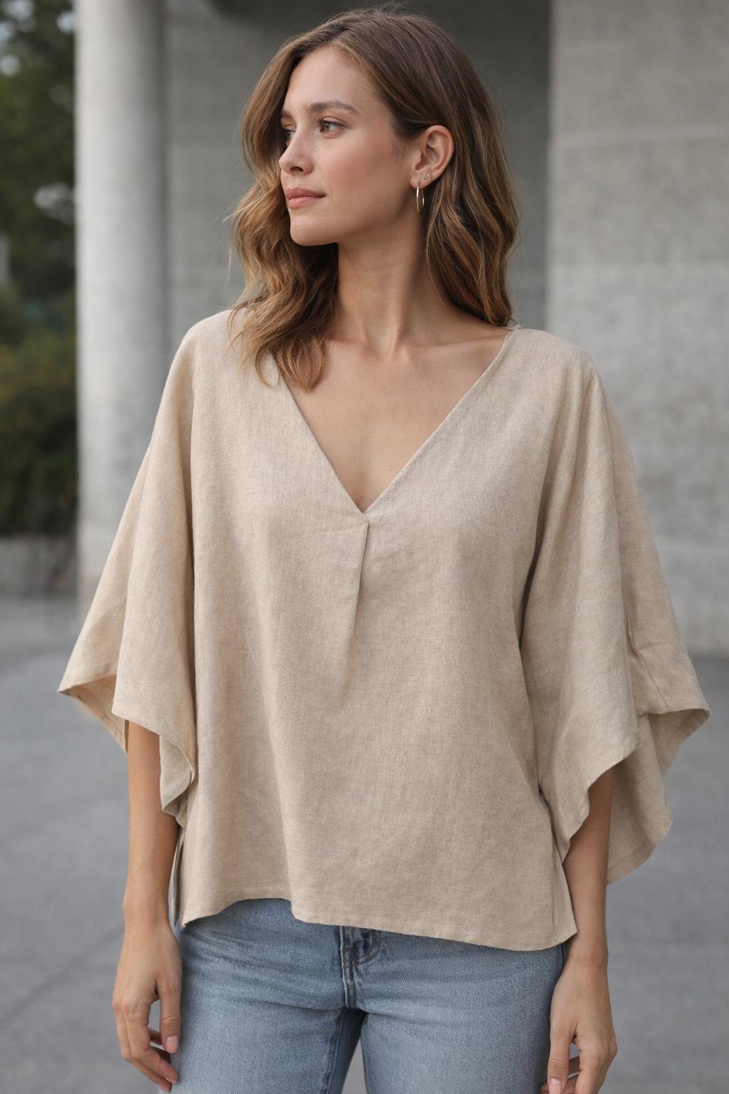 100% Linen Top, Oversized V-Neck Blouse, Kimono Sleeve Tunic, Boho Resort Wear