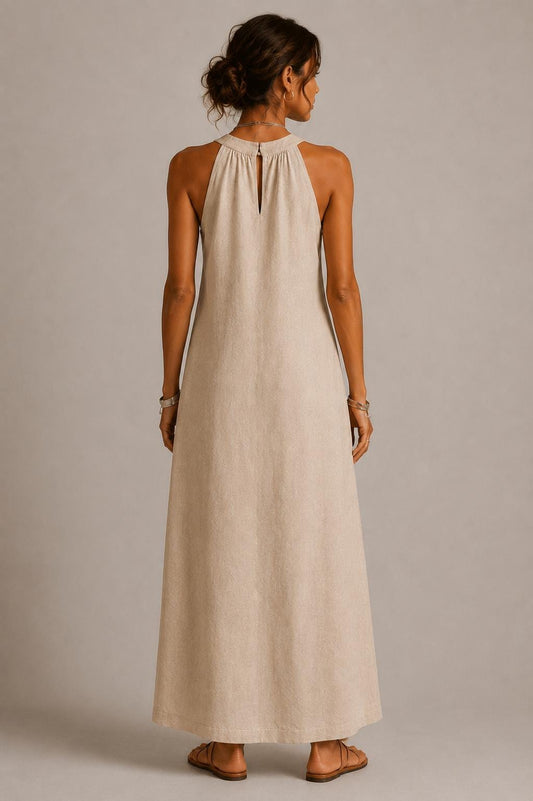 Beige Linen Lace Maxi Dress, Beige Boho Resortwear, Sleeveless Summer Vacation Outfit