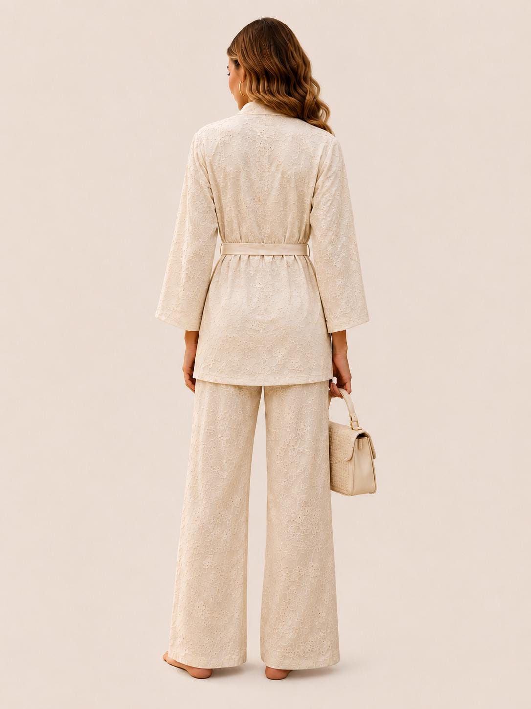 Embroidered Linen Kimono Jacket and Palazzo Pants Set, Resort Wear