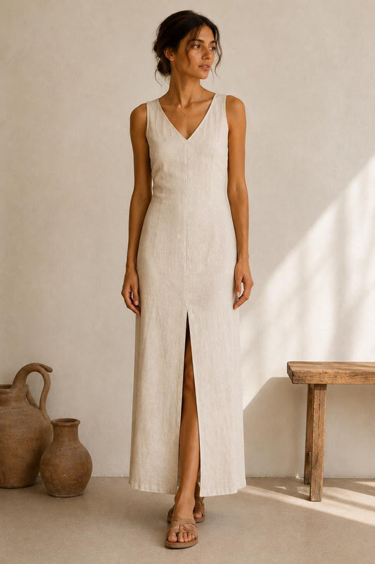 Linen Maxi Dress, Minimalist V-Neck Sleeveless Resort Wear