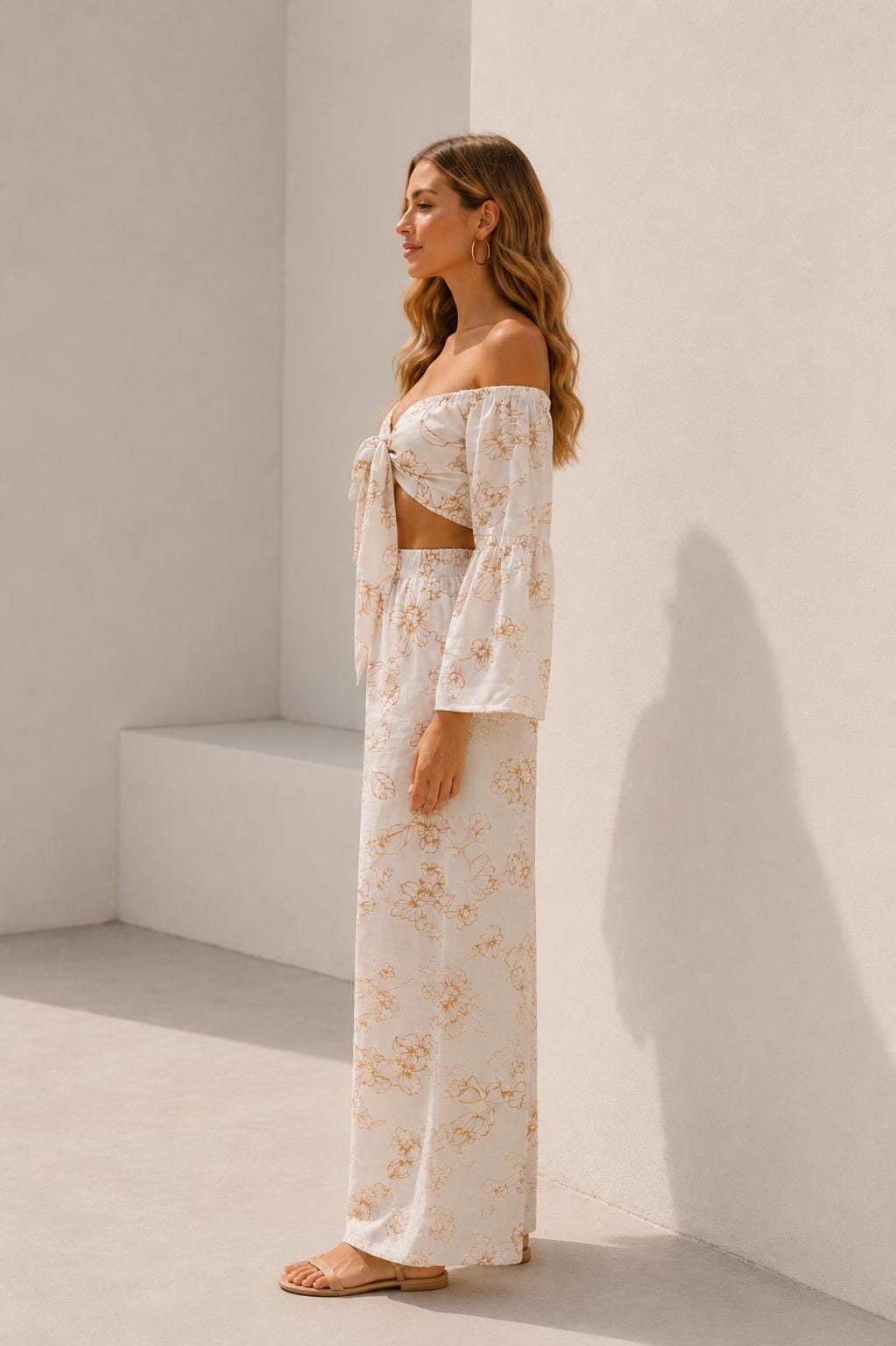 Floral Linen Two Piece Set, Off-Shoulder Crop Top, Wide Leg Pants, Resort Wear