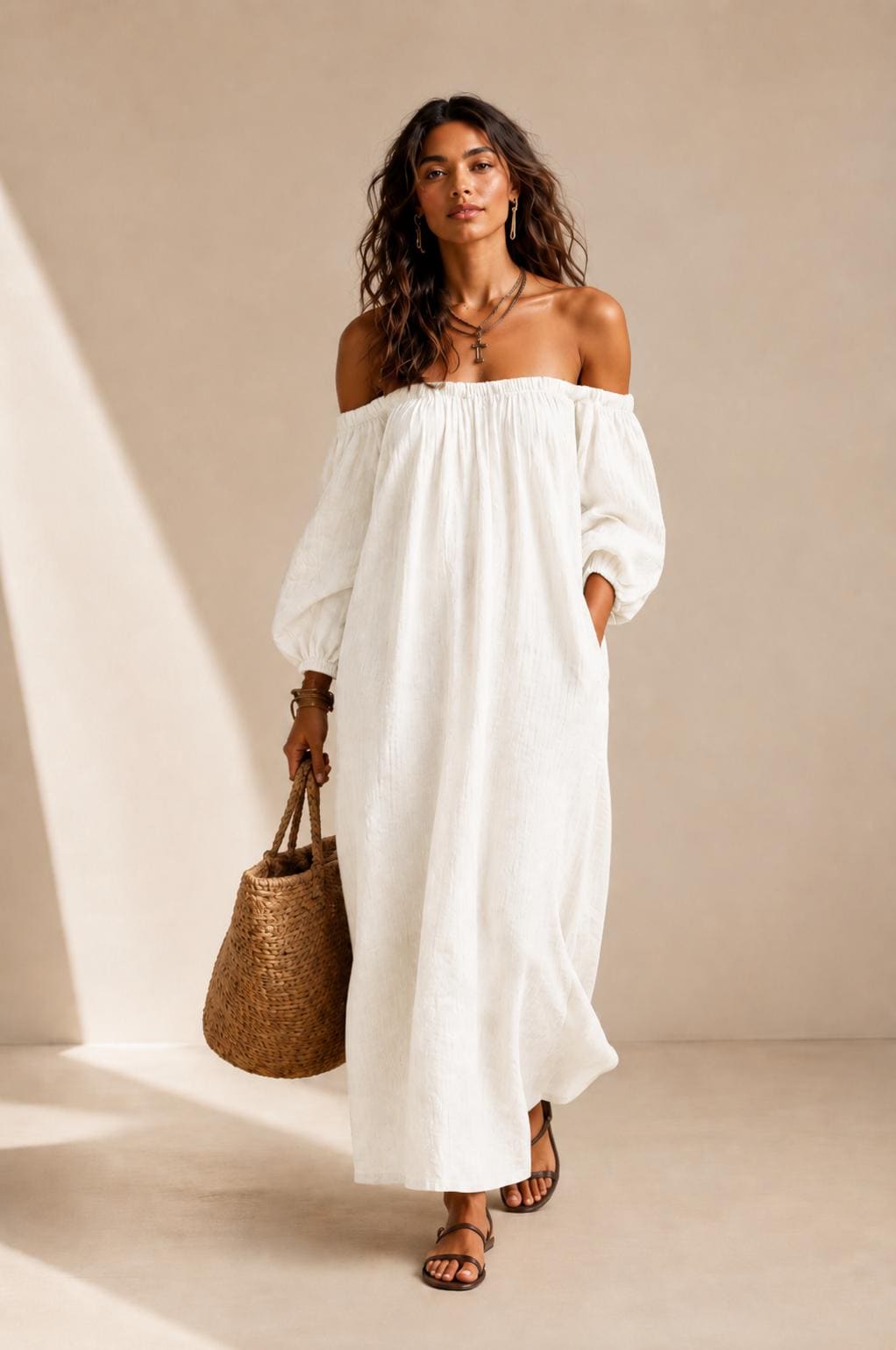 White Off Shoulder Linen Maxi Dress, Boho Resort Summer Gown, Loose Style