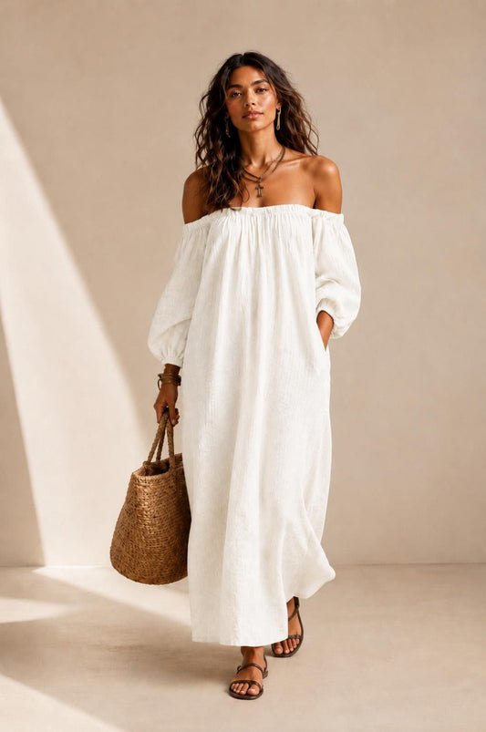 White Off Shoulder Linen Maxi Dress, Boho Resort Summer Gown, Loose Style
