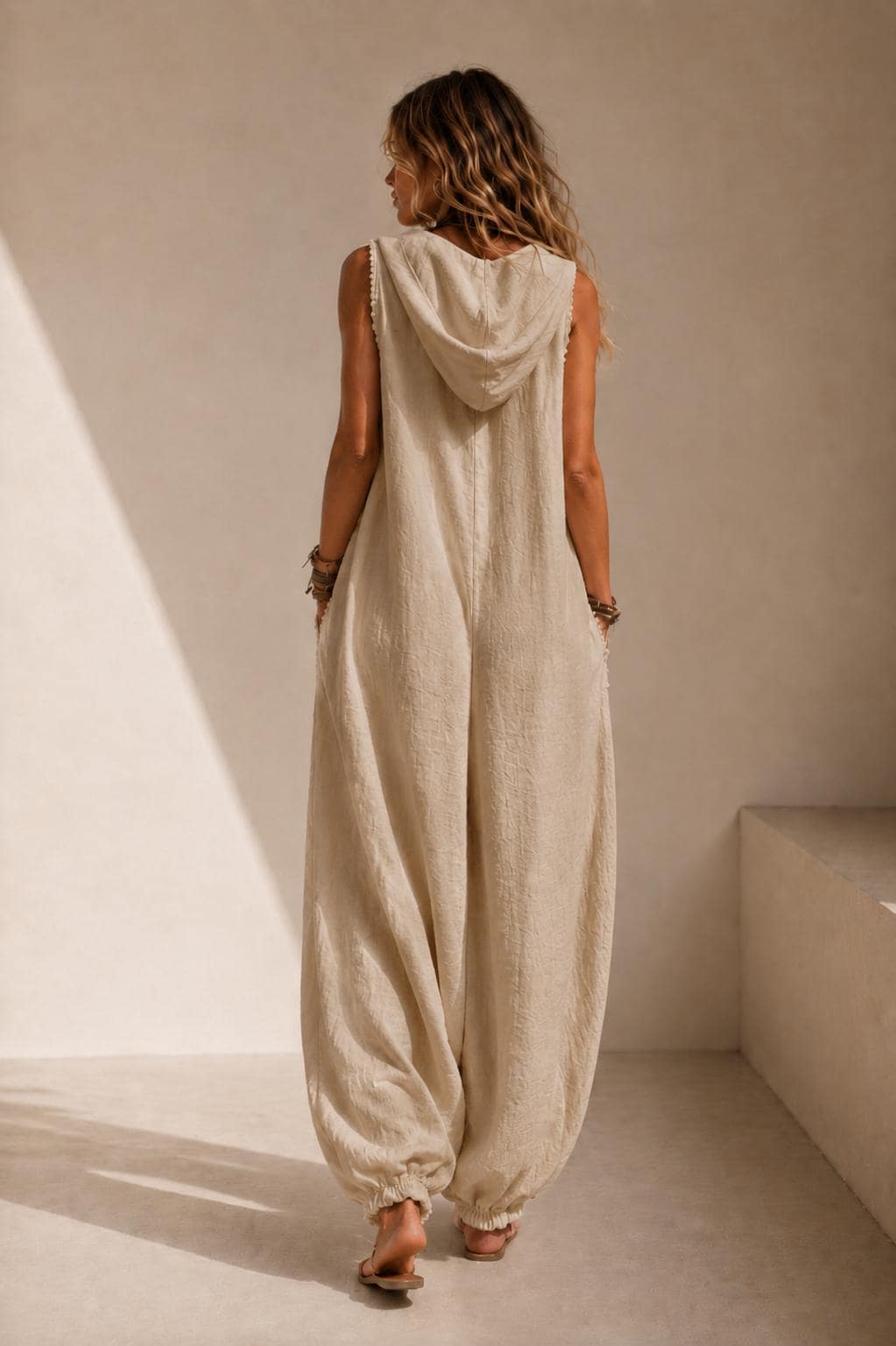 Beige Hooded Linen Look Jumpsuit, Oversized Harem Resort Wear