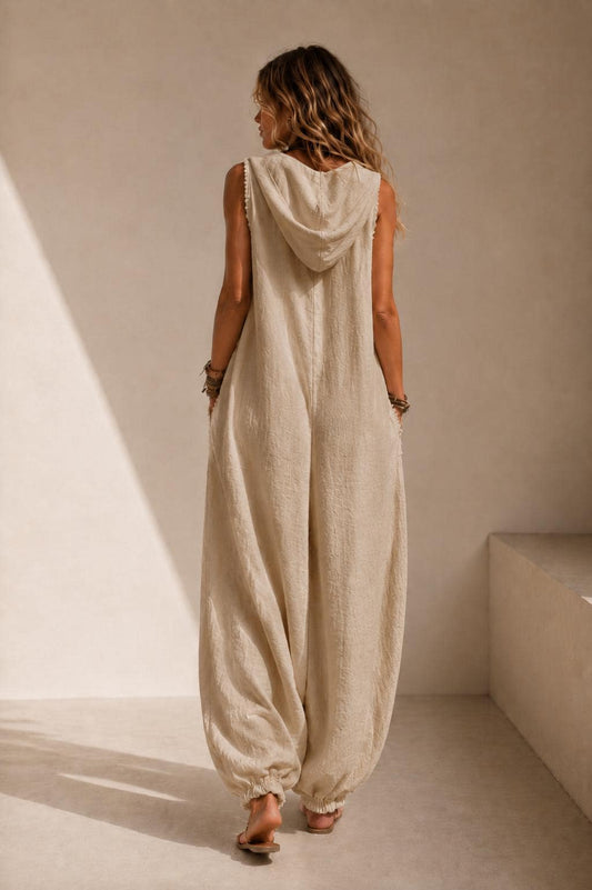 Beige Hooded Linen Look Jumpsuit, Oversized Harem Resort Wear