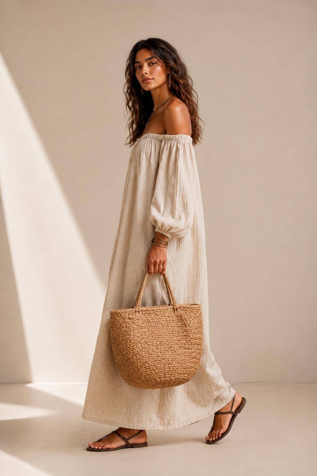 Beige Off Shoulder Linen Maxi Dress, Boho Resort Summer Gown, Loose Style