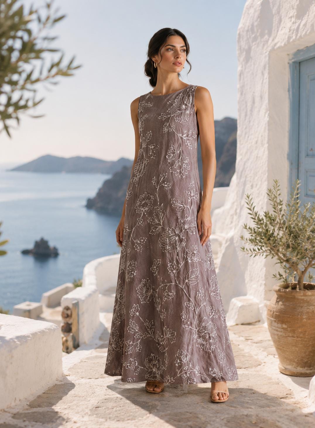Embroidered Linen Resort Dress, Mediterranean Maxi  Beige Botanical Vacation
