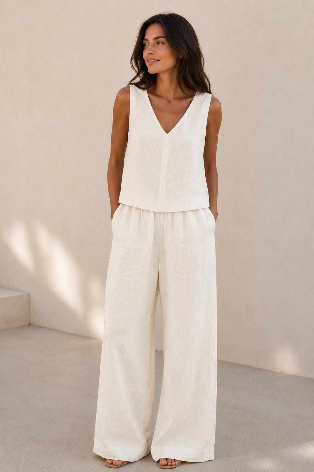 Linen Tank Top Women, Beige Sleeveless Blouse, Relaxed Fit Resort Wear