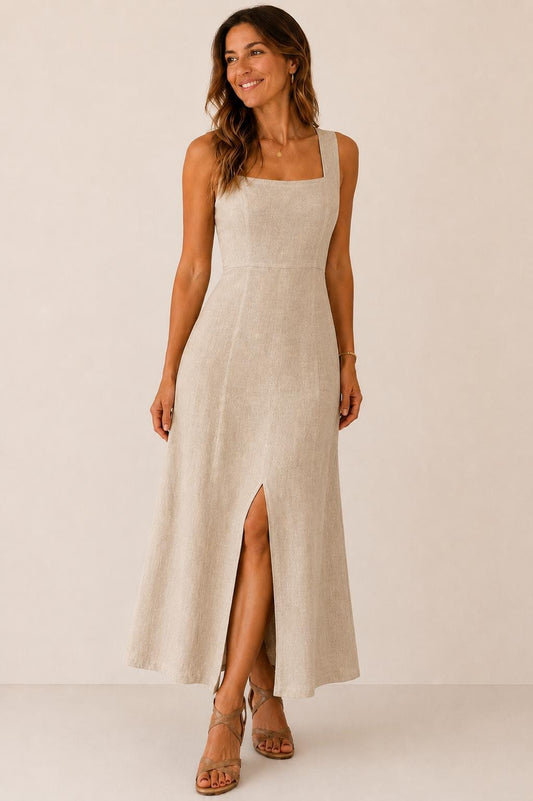 Beige Linen Maxi Dress, Back Tie, Square Neck, Cottagecore Resort Wear