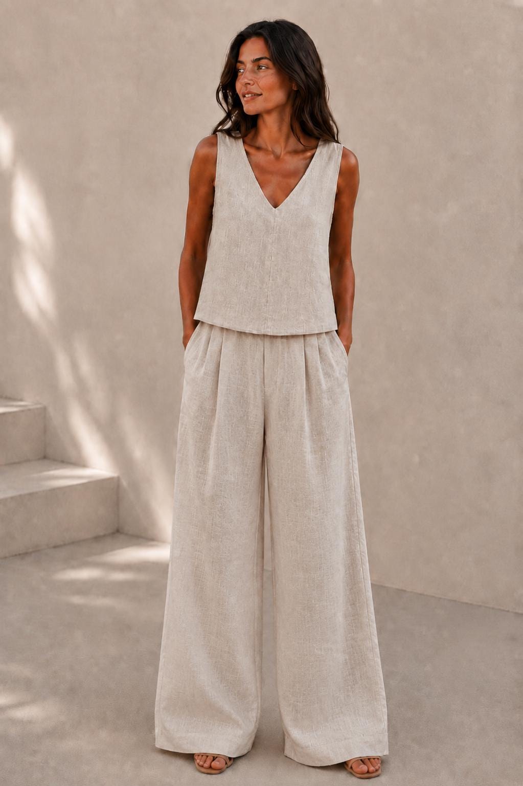 Linen Tank Top Women, Beige Sleeveless Blouse, Relaxed Fit Resort Wear