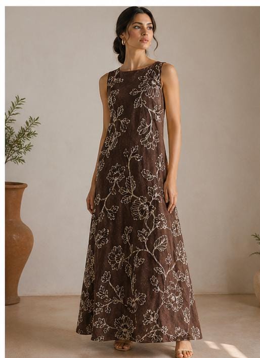 Embroidered Linen Resort Dress, Mediterranean Maxi  Beige Botanical Vacation