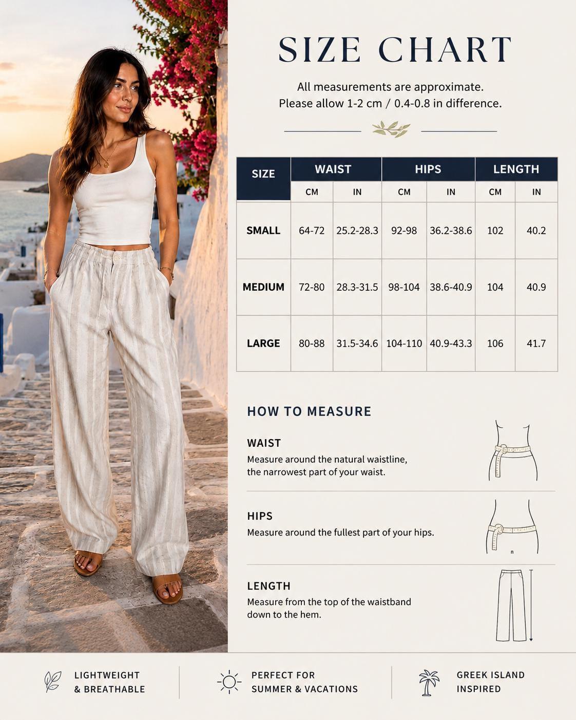 Striped Wide Leg Pants  Greek Island Resortwear, Lightweight Summer Trousers