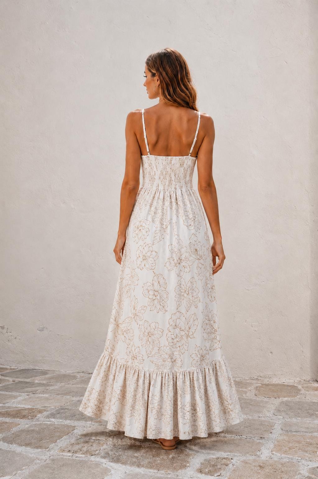 Embroidered Linen Maxi Dress, Beige Botanical Resort Vacation Boho Style