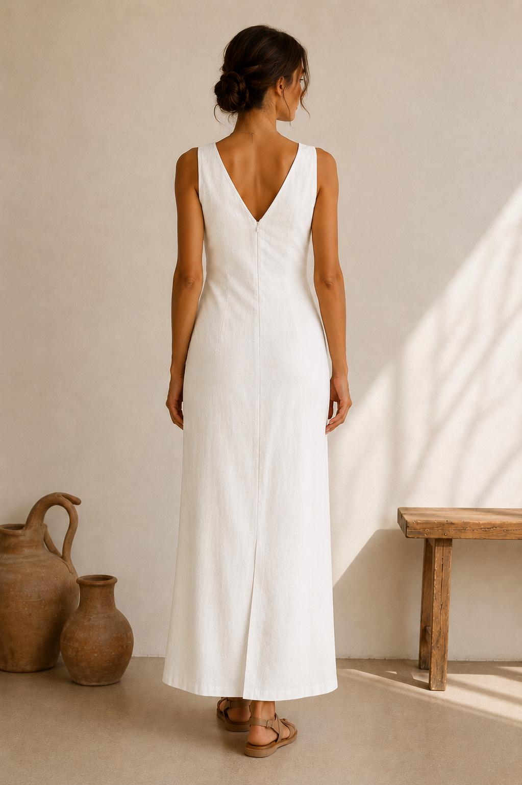 Linen Maxi Dress, Minimalist V-Neck Sleeveless Resort Wear