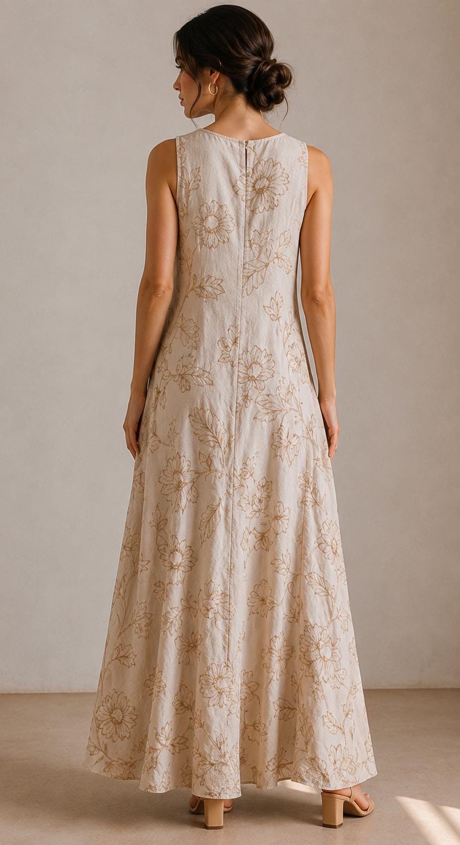 Embroidered Linen Resort Dress, Mediterranean Maxi  Beige Botanical Vacation