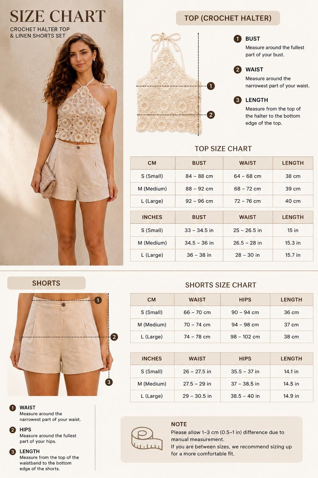 Linen Shorts Set, Crochet Halter Top, High Waisted, Summer Resortwear, Boho Chic