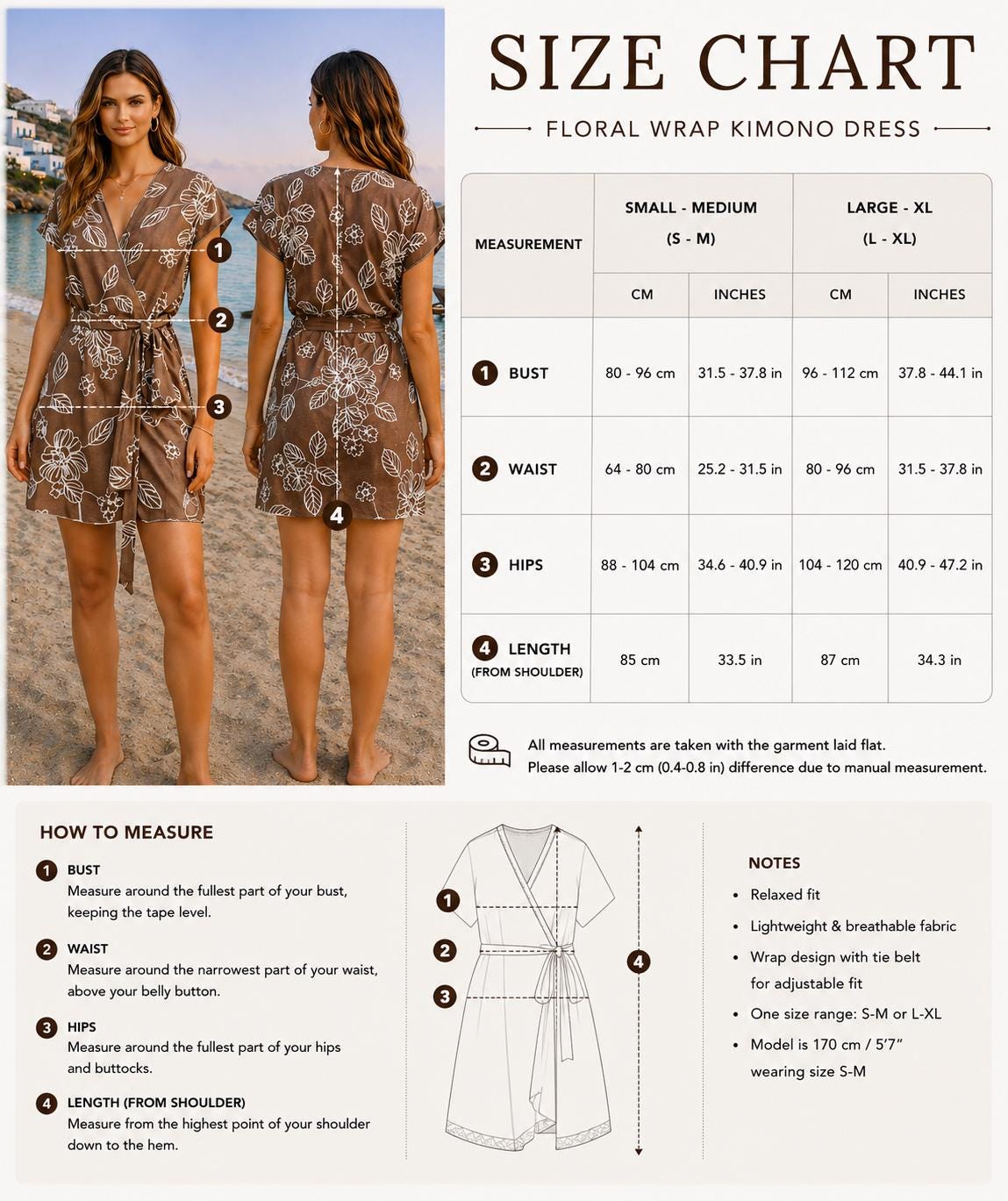 Brown Floral Wrap Mini Dress, Mediterranean Beach Resortwear, Boho Coastal Holiday Style