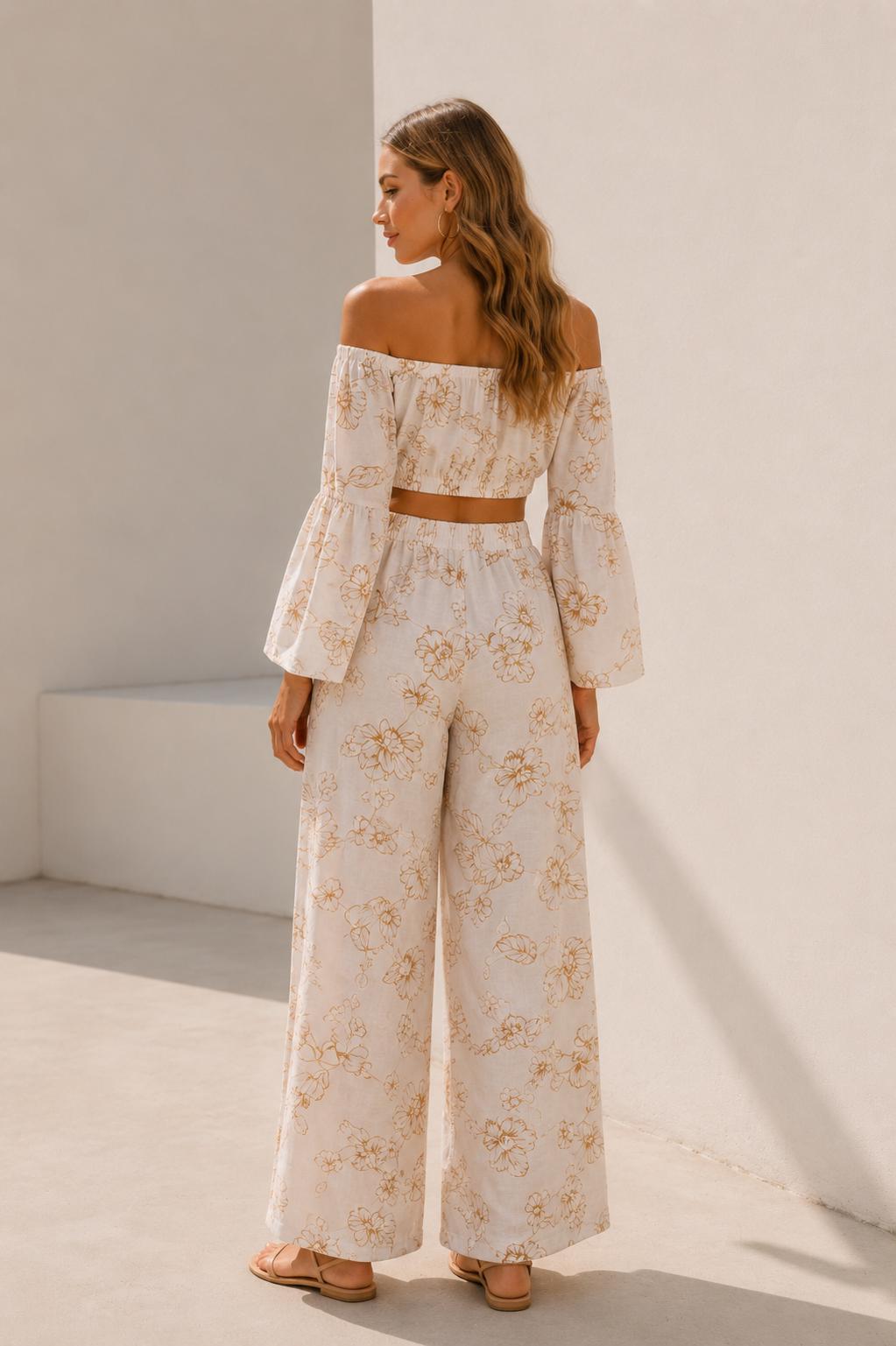Floral Linen Two Piece Set, Off-Shoulder Crop Top, Wide Leg Pants, Resort Wear