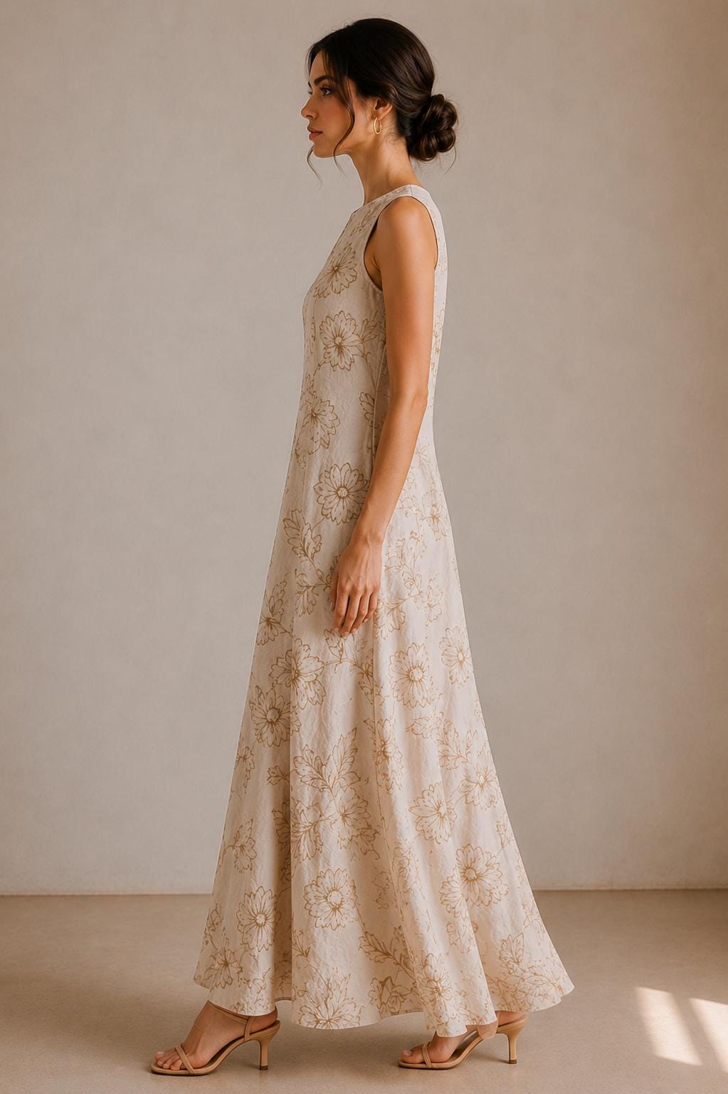 Embroidered Linen Resort Dress, Mediterranean Maxi  Beige Botanical Vacation