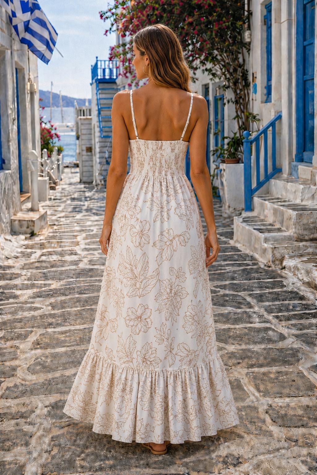 Embroidered Linen Maxi Dress, Beige Botanical Resort Vacation Boho Style