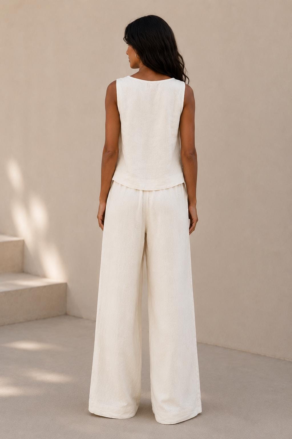 Women's Off-White Linen Palazzo Pants, Wide Leg Trousers, Elastic Waist, Resort Wear