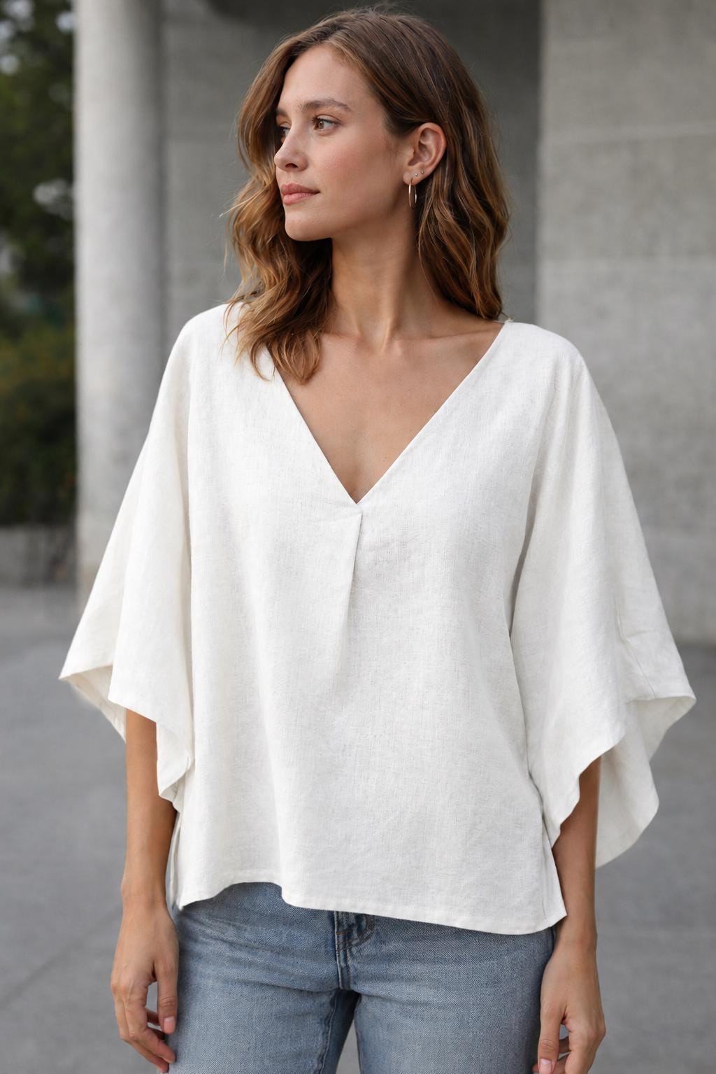 100% Linen Top, Oversized V-Neck Blouse, Kimono Sleeve Tunic, Boho Resort Wear