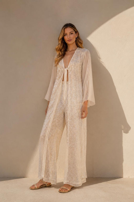 Sequin Kaftan Pants Set, White Bridal Resortwear, Boho Glam Two-Piece Outfit