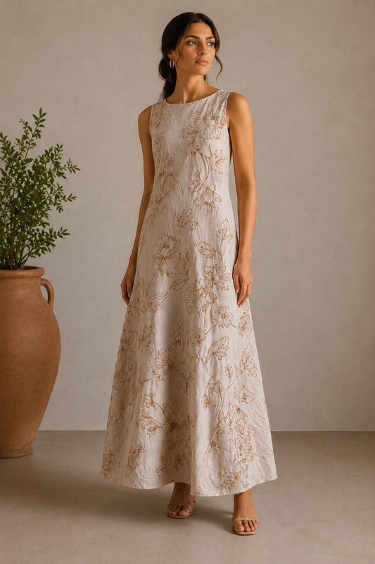 Embroidered Linen Resort Dress, Mediterranean Maxi  Beige Botanical Vacation