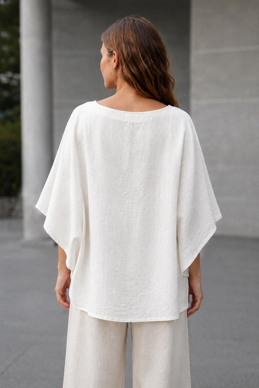 100% Linen Top, Oversized V-Neck Blouse, Kimono Sleeve Tunic, Boho Resort Wear