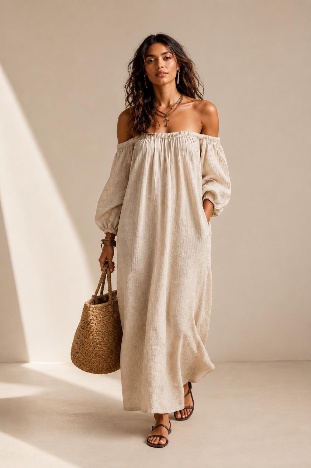 White Off Shoulder Linen Maxi Dress, Boho Resort Summer Gown, Loose Style