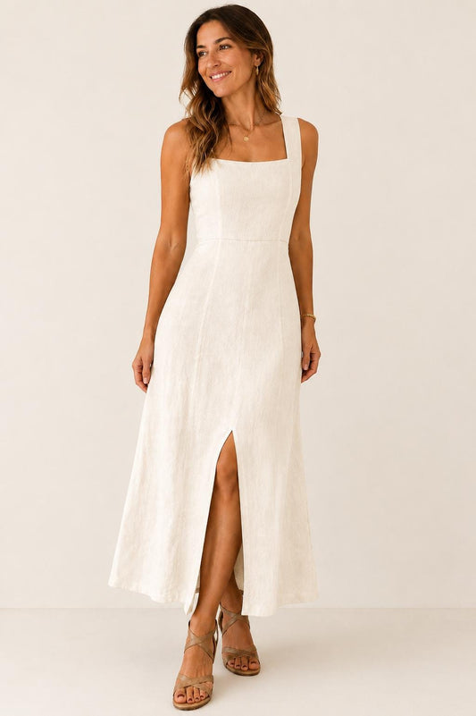 Beige Linen Maxi Dress, Back Tie, Square Neck, Cottagecore Resort Wear