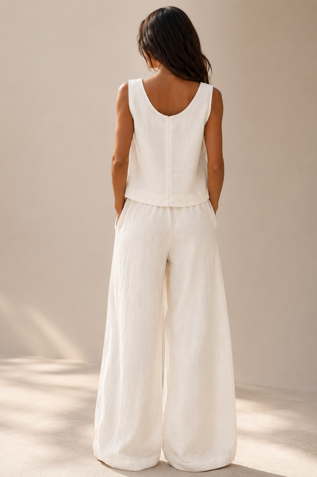 Women's Off-White Linen Palazzo Pants, Wide Leg Trousers, Elastic Waist, Resort Wear