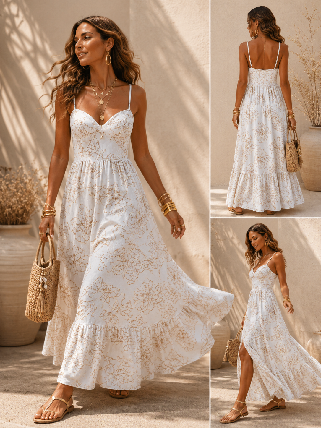 Embroidered Linen Maxi Dress, Beige Botanical Resort Vacation Boho Style