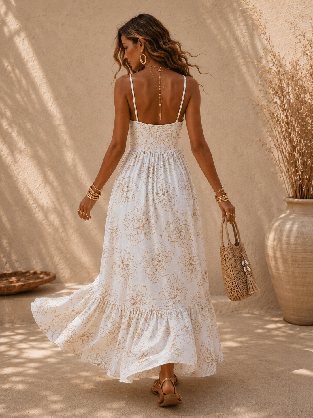 Embroidered Linen Maxi Dress, Beige Botanical Resort Vacation Boho Style