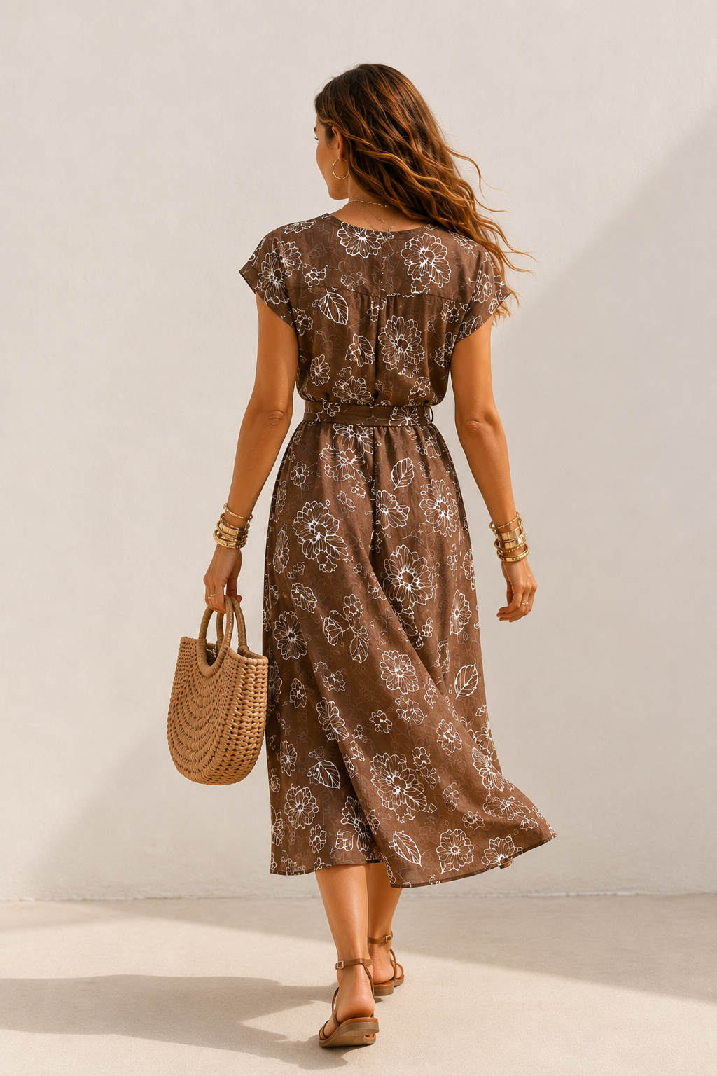 Brown Floral Wrap Mini Dress, Mediterranean Beach Resortwear, Boho Coastal Holiday Style