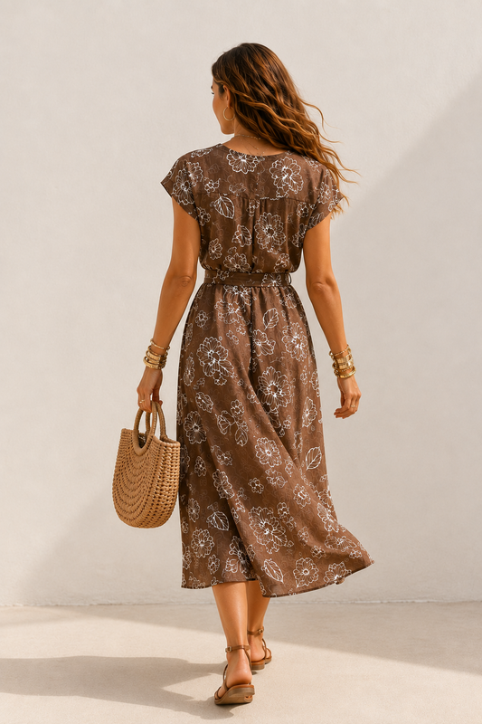 Brown Floral Wrap Mini Dress, Mediterranean Beach Resortwear, Boho Coastal Holiday Style