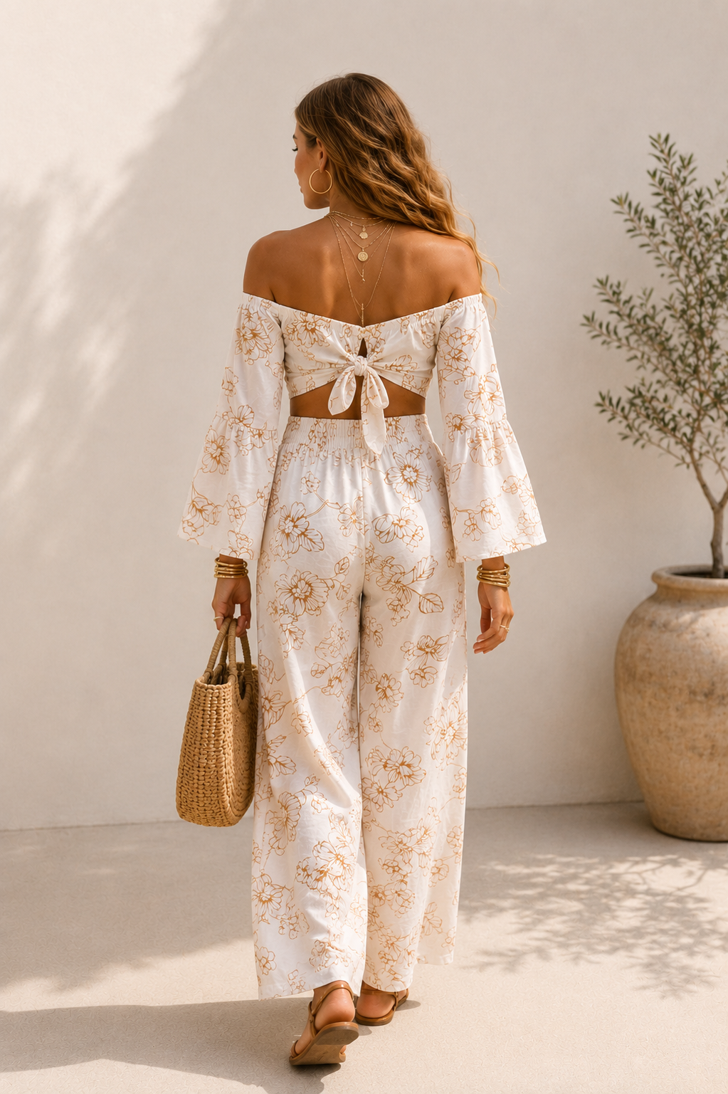 Floral Linen Two Piece Set, Off-Shoulder Crop Top, Wide Leg Pants, Resort Wear