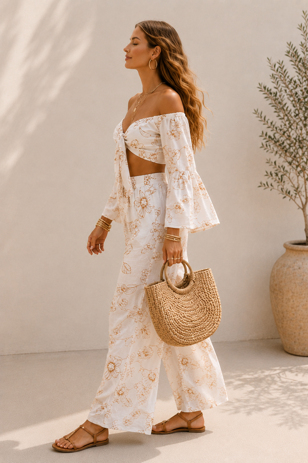Floral Linen Two Piece Set, Off-Shoulder Crop Top, Wide Leg Pants, Resort Wear