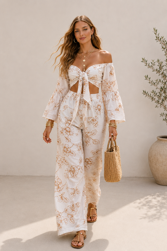 Floral Linen Two Piece Set, Off-Shoulder Crop Top, Wide Leg Pants, Resort Wear
