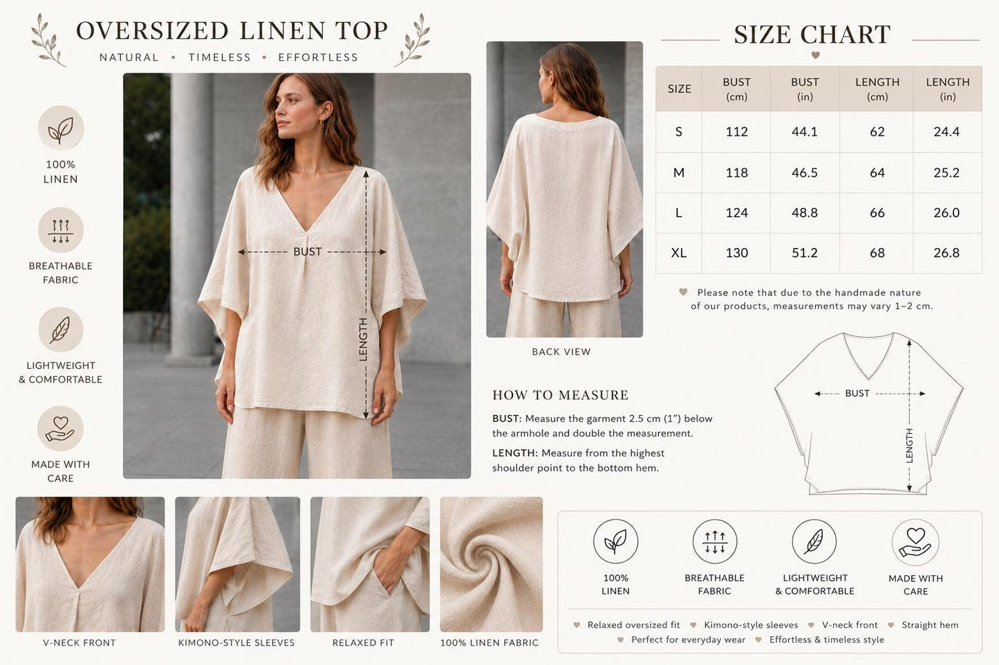 100% Linen Top, Oversized V-Neck Blouse, Kimono Sleeve Tunic, Boho Resort Wear