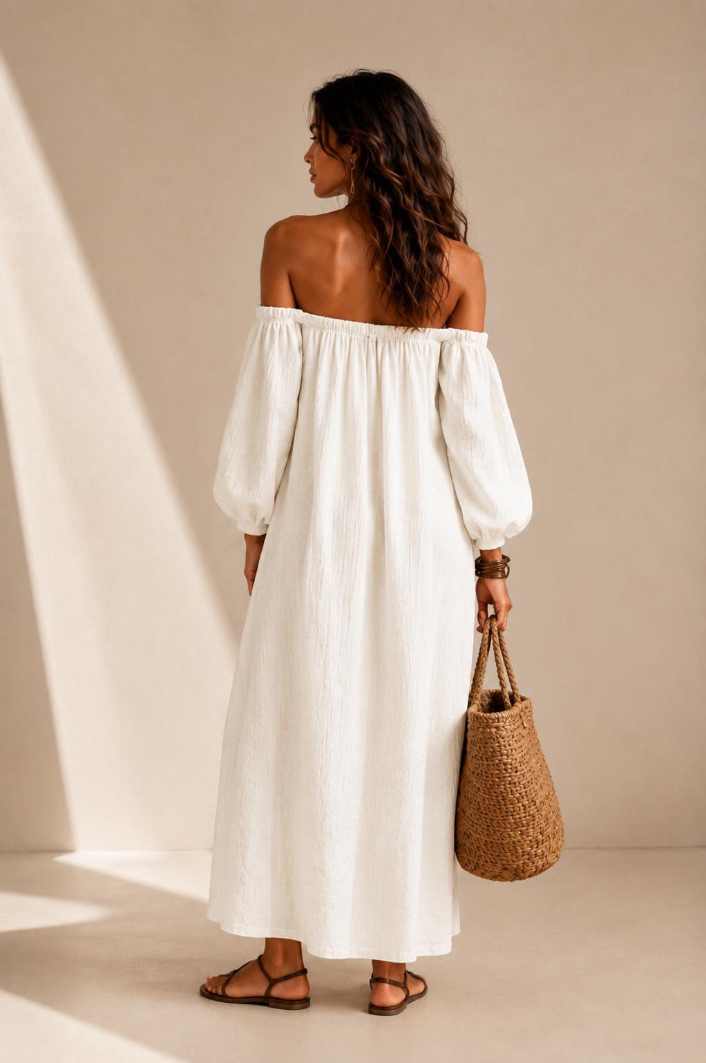 Beige Off Shoulder Linen Maxi Dress, Boho Resort Summer Gown, Loose Style