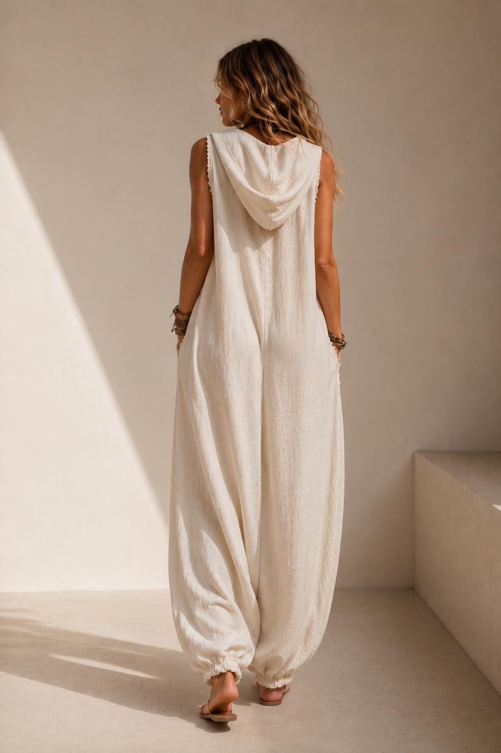 Beige Hooded Linen Look Jumpsuit, Oversized Harem Resort Wear