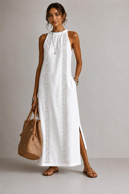 Linen Maxi Dress, Boho Resort Sleeveless Summer Vacation Outfit