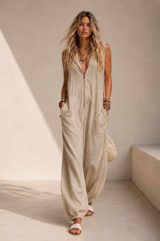 Beige Hooded Linen Look Jumpsuit, Oversized Harem Resort Wear