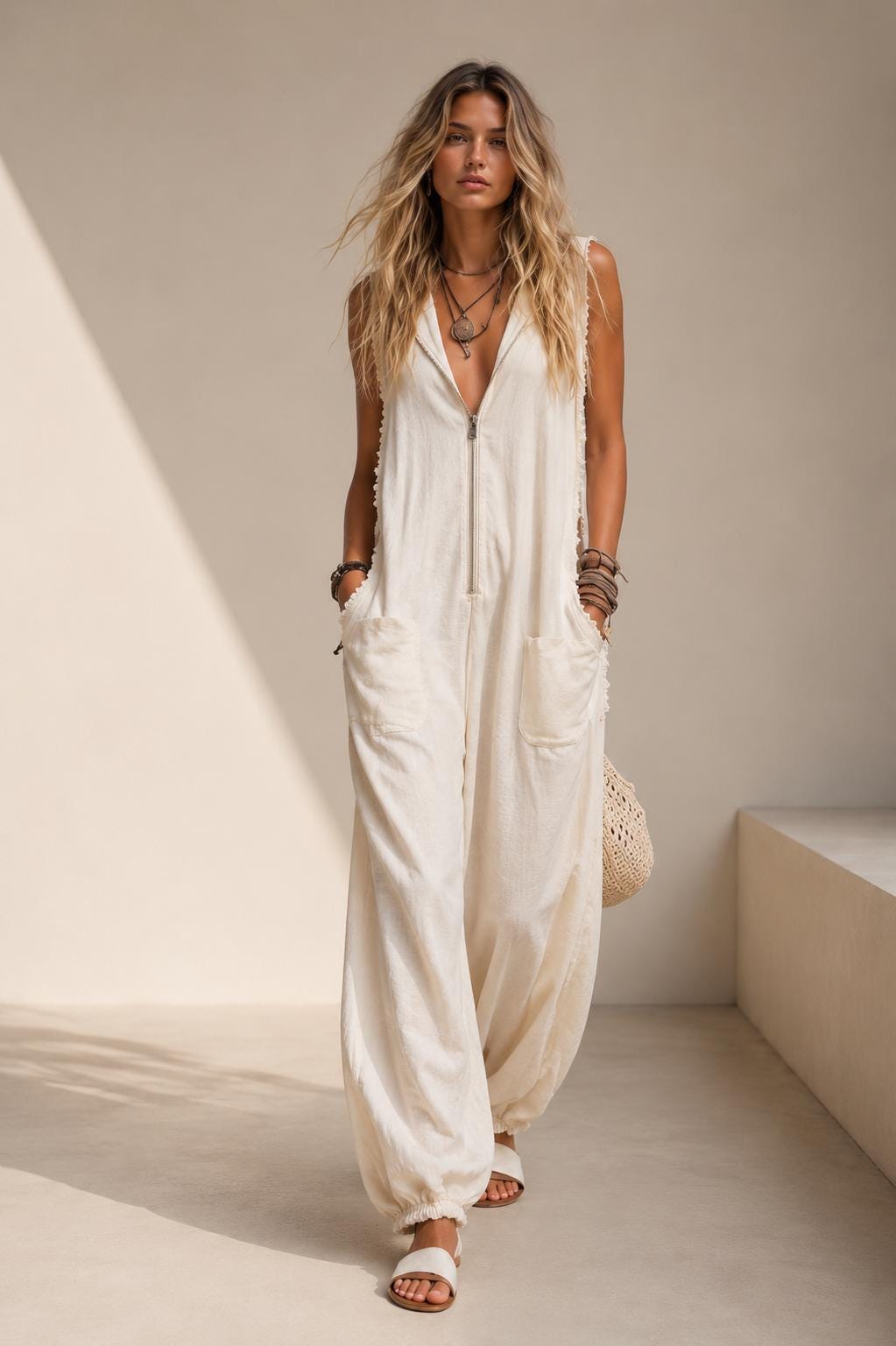 Beige Hooded Linen Look Jumpsuit, Oversized Harem Resort Wear