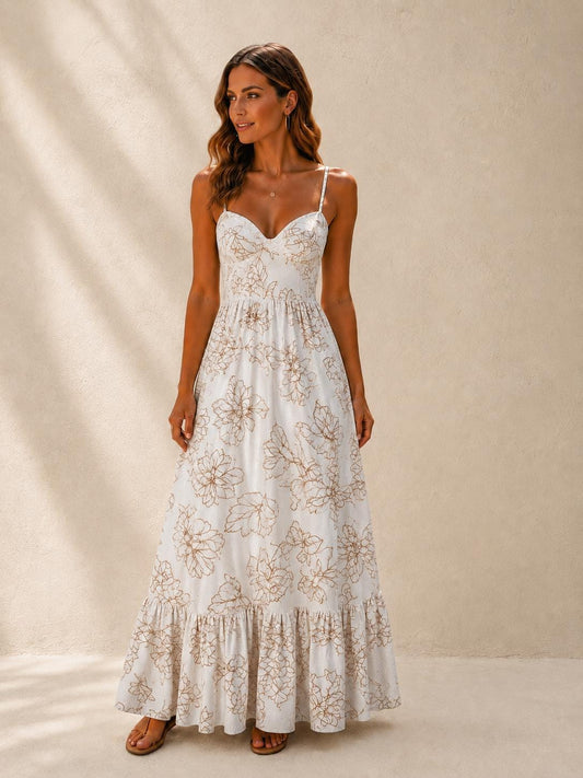 Embroidered Linen Maxi Dress, Beige Botanical Resort Vacation Boho Style