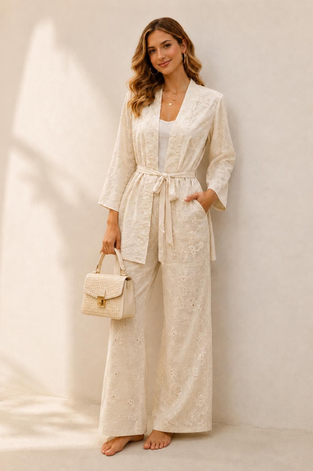 Embroidered Linen Kimono Jacket and Palazzo Pants Set, Resort Wear